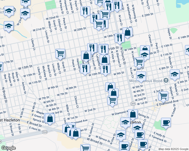 map of restaurants, bars, coffee shops, grocery stores, and more near 712 North Locust Street in Hazleton