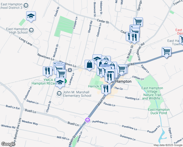 map of restaurants, bars, coffee shops, grocery stores, and more near 87 Newtown Lane in East Hampton