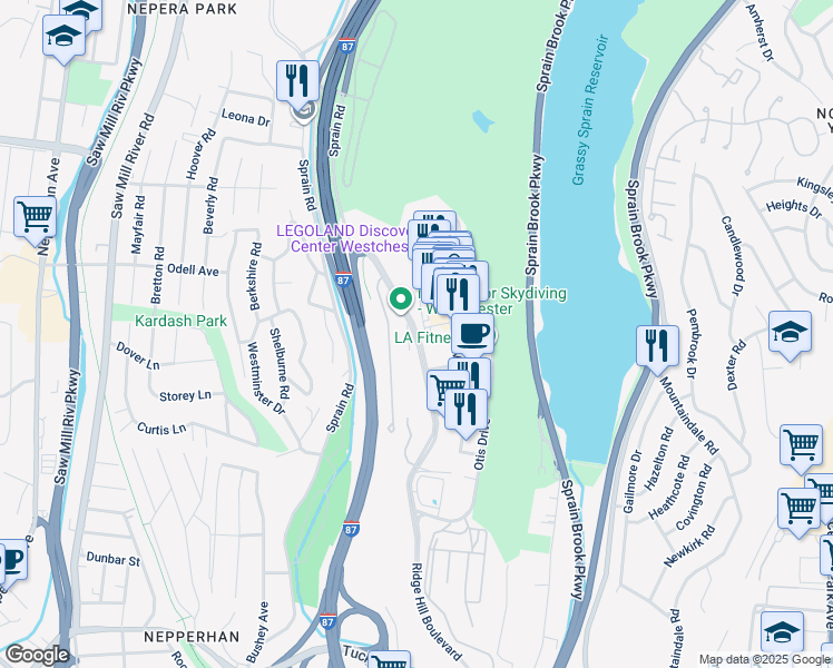 map of restaurants, bars, coffee shops, grocery stores, and more near Ridge Hill Road in Yonkers