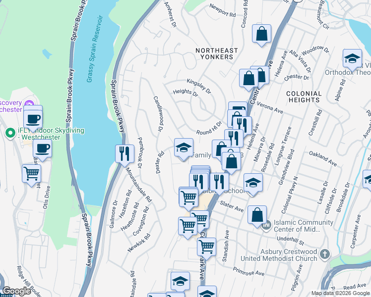 map of restaurants, bars, coffee shops, grocery stores, and more near 57 Dexter Road in Yonkers