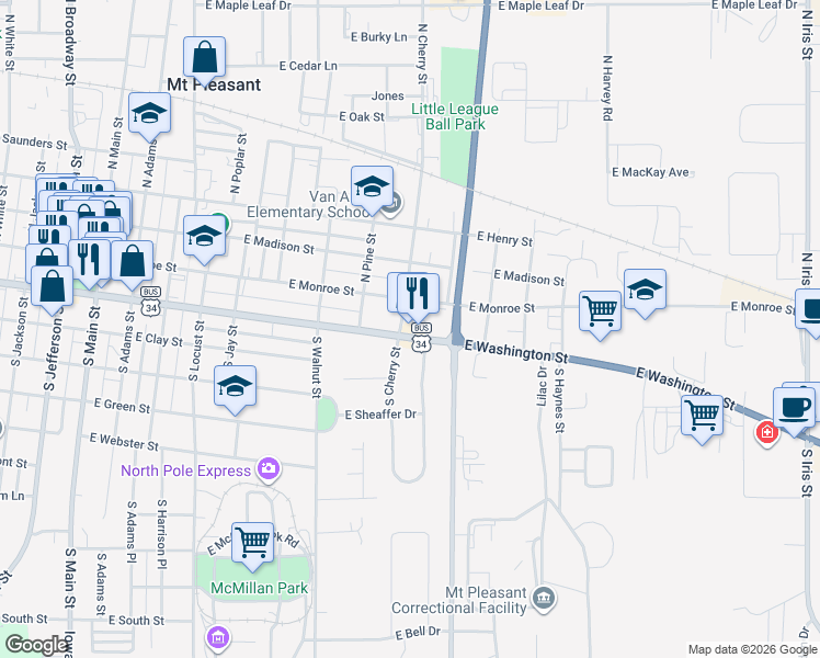map of restaurants, bars, coffee shops, grocery stores, and more near 901 East Washington Street in Mount Pleasant