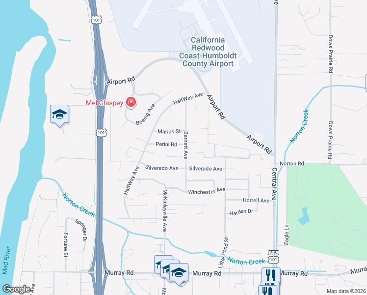 map of restaurants, bars, coffee shops, grocery stores, and more near 3287 Barnett Avenue in McKinleyville