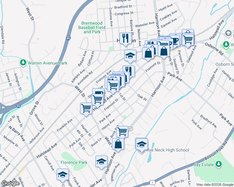 map of restaurants, bars, coffee shops, grocery stores, and more near in Harrison
