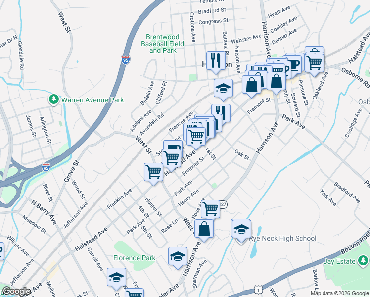 map of restaurants, bars, coffee shops, grocery stores, and more near 100 Franklin Avenue in Harrison