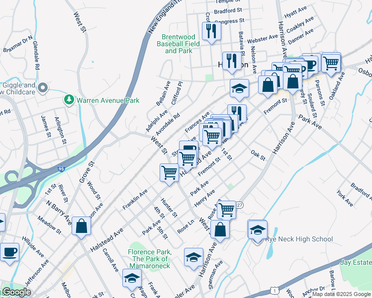 map of restaurants, bars, coffee shops, grocery stores, and more near 64 Sterling Avenue in Harrison