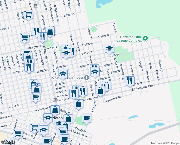 map of restaurants, bars, coffee shops, grocery stores, and more near 151-199 East 7th Street in Hazleton