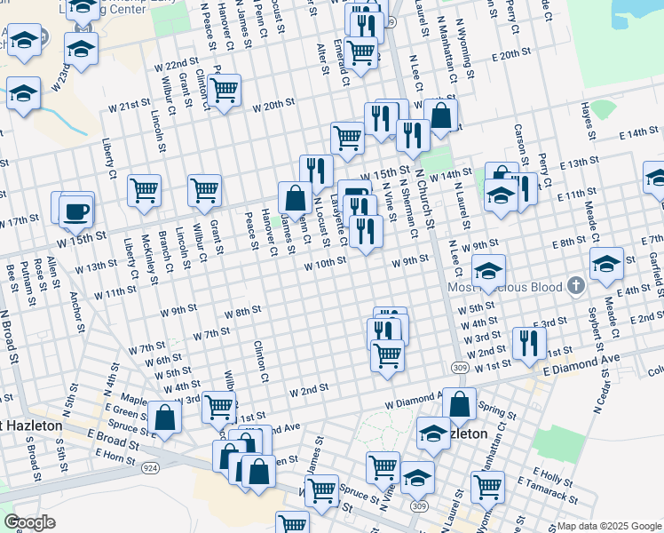 map of restaurants, bars, coffee shops, grocery stores, and more near 712 North Locust Street in Hazleton