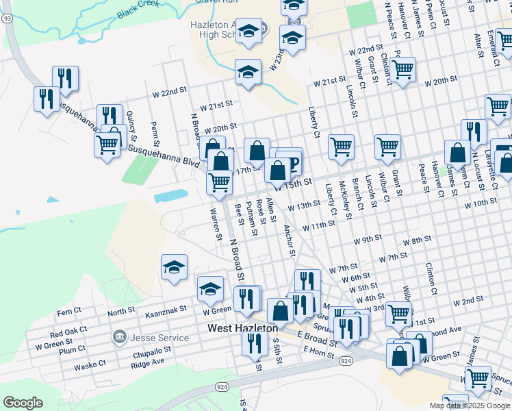 map of restaurants, bars, coffee shops, grocery stores, and more near 528 Allen Street in West Hazleton