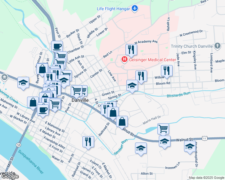 map of restaurants, bars, coffee shops, grocery stores, and more near 568 Bloom Street in Danville