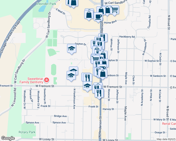 map of restaurants, bars, coffee shops, grocery stores, and more near 900 West Dayton Street in Galesburg