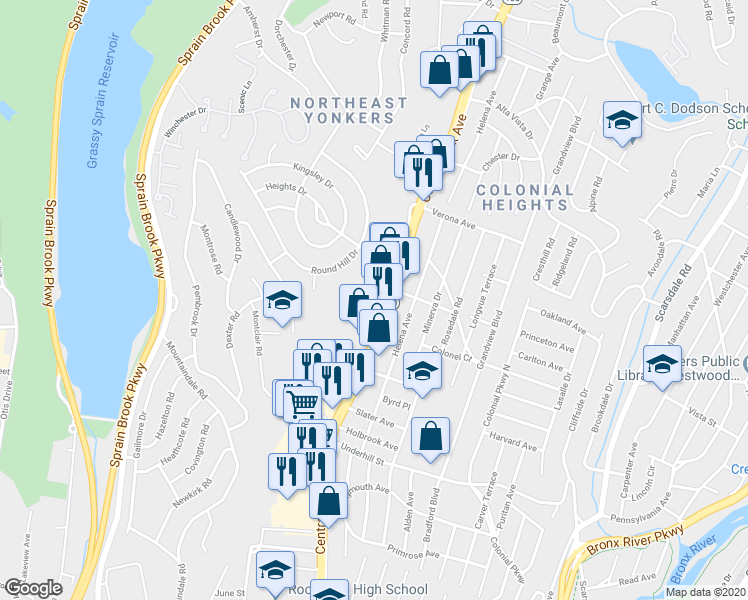 map of restaurants, bars, coffee shops, grocery stores, and more near 1919 Central Park Avenue in Yonkers