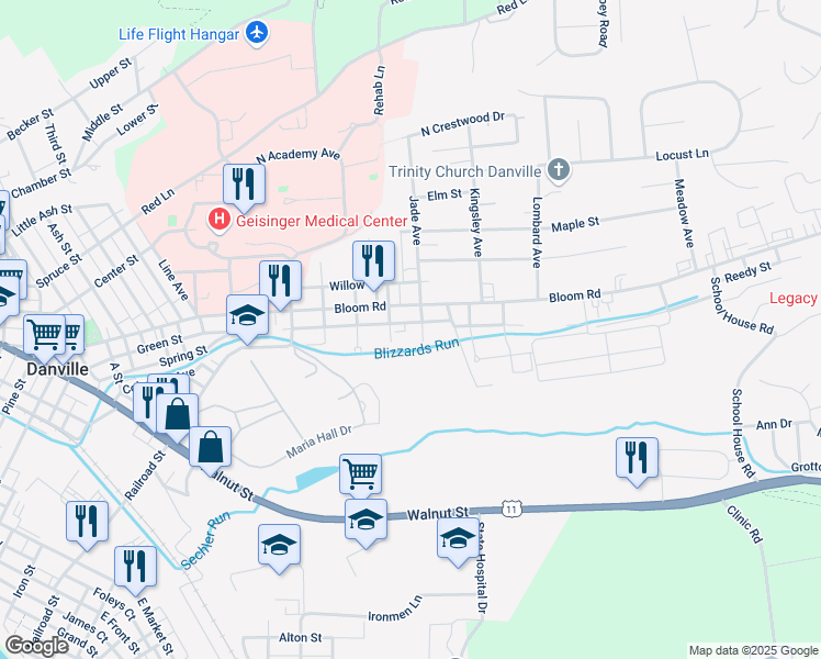 map of restaurants, bars, coffee shops, grocery stores, and more near 301-399 Villa Avenue in Danville