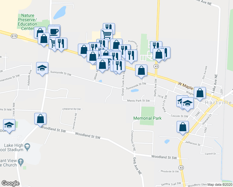 map of restaurants, bars, coffee shops, grocery stores, and more near 844 Sunnyside Street Southwest in Hartville