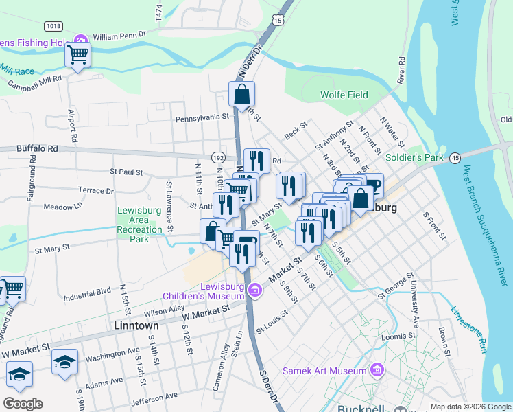 map of restaurants, bars, coffee shops, grocery stores, and more near 228 Blueberry Alley in Lewisburg