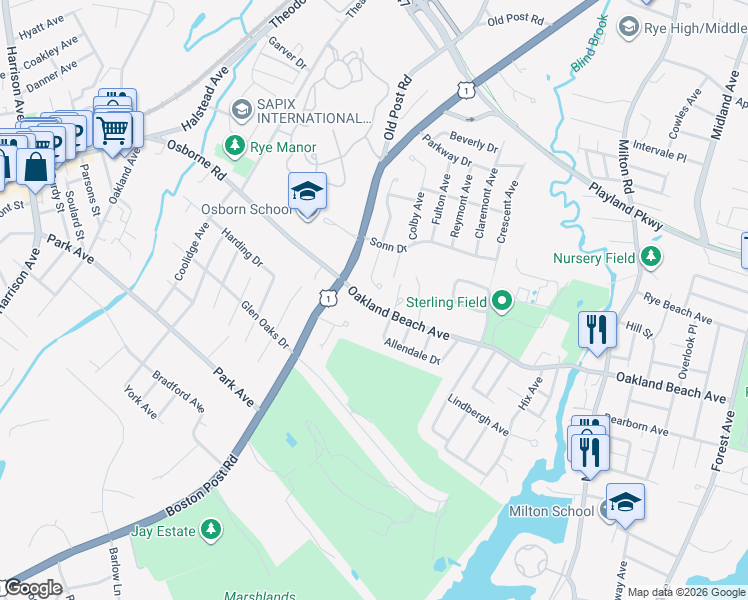 map of restaurants, bars, coffee shops, grocery stores, and more near 37 Oakland Beach Avenue in Rye