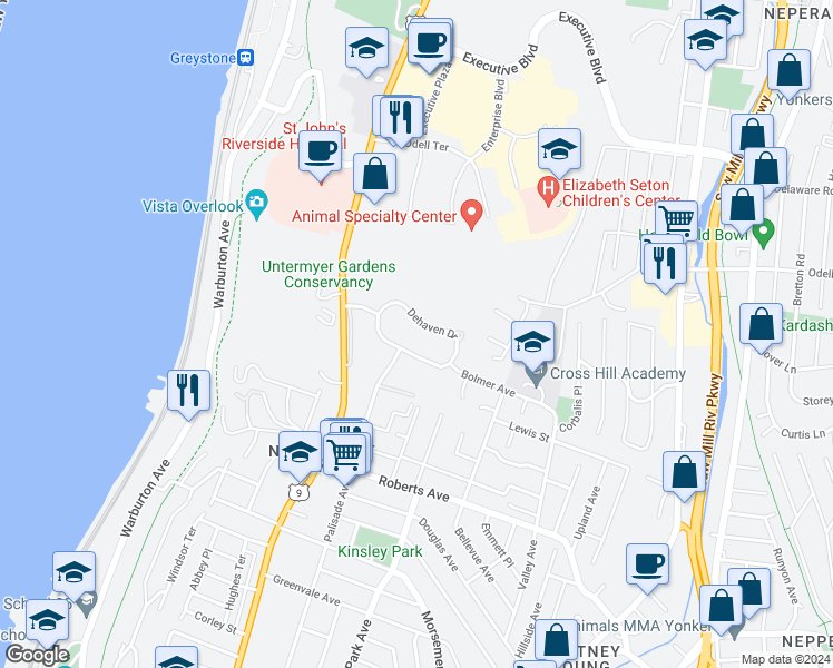 map of restaurants, bars, coffee shops, grocery stores, and more near 110 Dehaven Drive in Yonkers