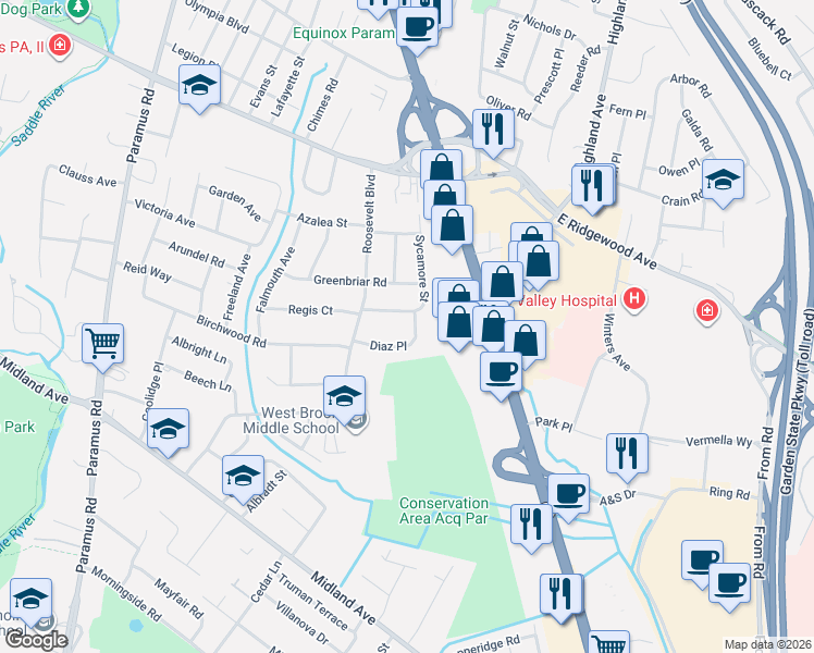 map of restaurants, bars, coffee shops, grocery stores, and more near 38 Sycamore Street in Paramus