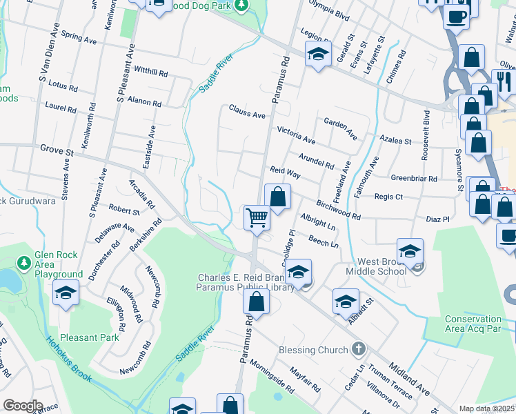 map of restaurants, bars, coffee shops, grocery stores, and more near in Paramus