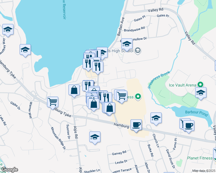 map of restaurants, bars, coffee shops, grocery stores, and more near 1124 Brittany Drive in Wayne
