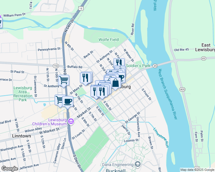 map of restaurants, bars, coffee shops, grocery stores, and more near 60 North 4th Street in Lewisburg