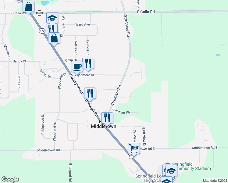 map of restaurants, bars, coffee shops, grocery stores, and more near 16 Stacy Drive in New Middletown
