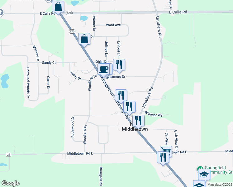 map of restaurants, bars, coffee shops, grocery stores, and more near 10543 Main Street in New Middletown