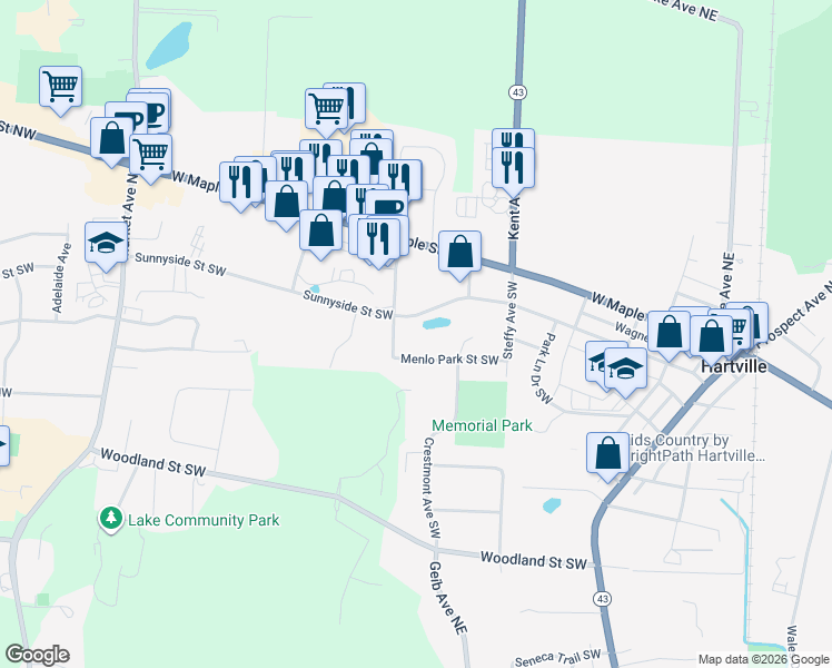 map of restaurants, bars, coffee shops, grocery stores, and more near 228 Sunnyside Street Southwest in Hartville