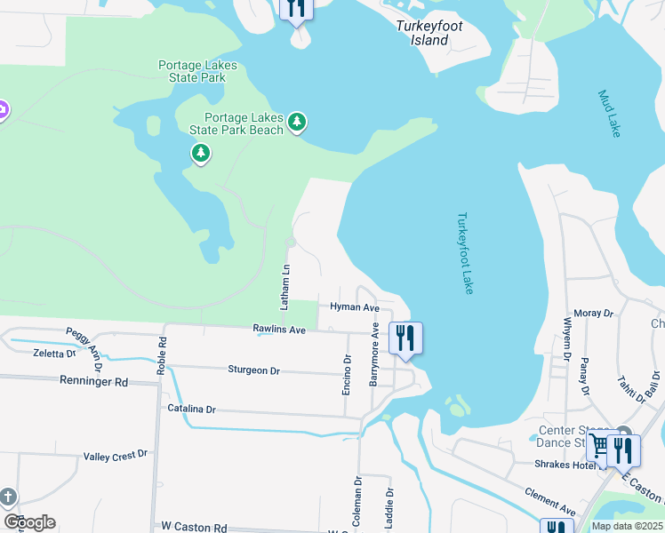 map of restaurants, bars, coffee shops, grocery stores, and more near 615 Latham Lane in Akron
