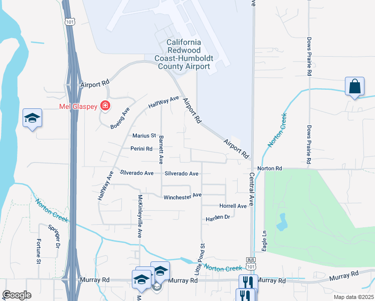 map of restaurants, bars, coffee shops, grocery stores, and more near 1300 Underwood Court in McKinleyville