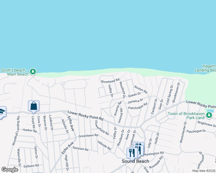 map of restaurants, bars, coffee shops, grocery stores, and more near 30 Riverhead Road in Sound Beach