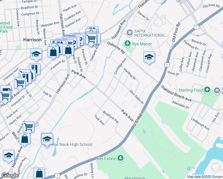 map of restaurants, bars, coffee shops, grocery stores, and more near 9 Wilson Drive in Rye