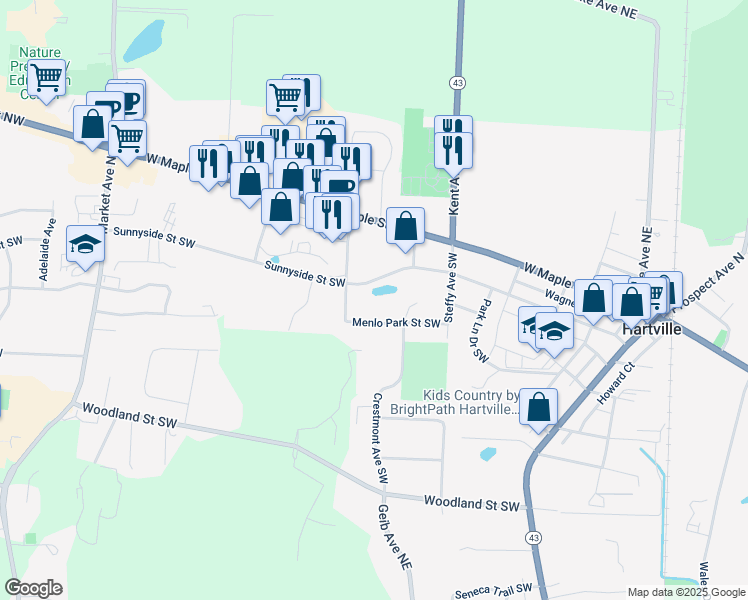 map of restaurants, bars, coffee shops, grocery stores, and more near 228 Sunnyside Street Southwest in Hartville