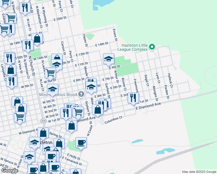 map of restaurants, bars, coffee shops, grocery stores, and more near 605 Garfield Street in Hazleton