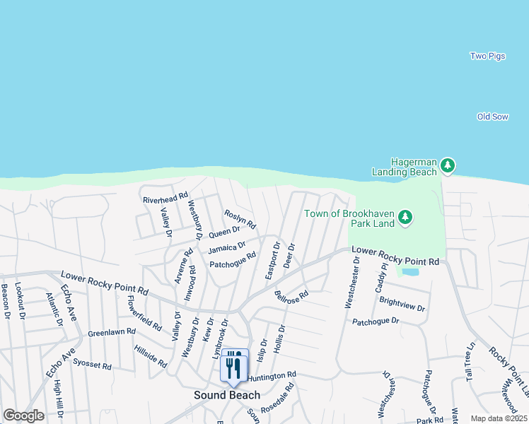 map of restaurants, bars, coffee shops, grocery stores, and more near 20 Glen Drive in Sound Beach