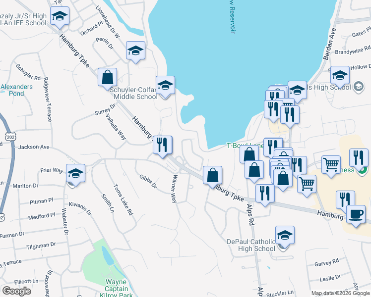 map of restaurants, bars, coffee shops, grocery stores, and more near 257 Levinberg Lane in Wayne