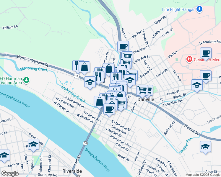 map of restaurants, bars, coffee shops, grocery stores, and more near 5 Northumberland Street in Danville