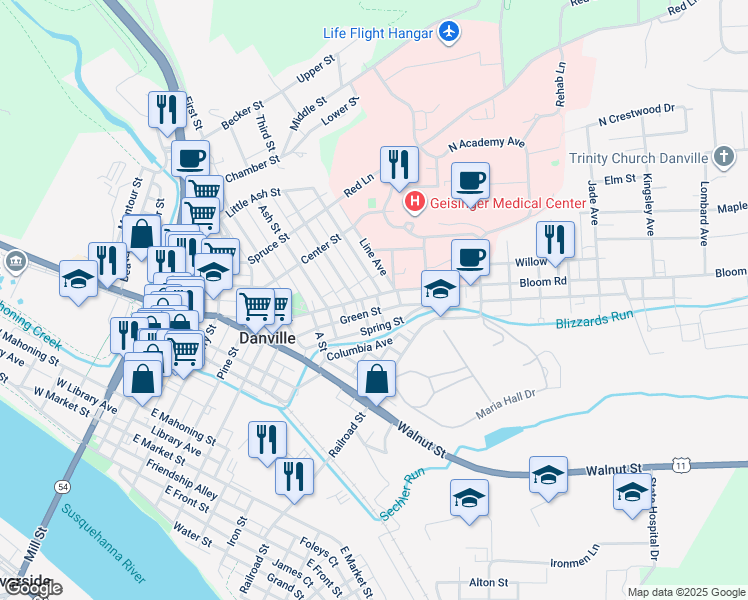 map of restaurants, bars, coffee shops, grocery stores, and more near 568 Bloom Street in Danville