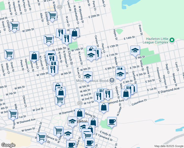 map of restaurants, bars, coffee shops, grocery stores, and more near 652 North Wyoming Street in Hazleton