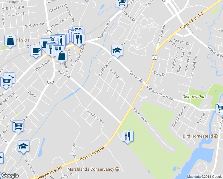 map of restaurants, bars, coffee shops, grocery stores, and more near 65 Glen Oaks Drive in Rye