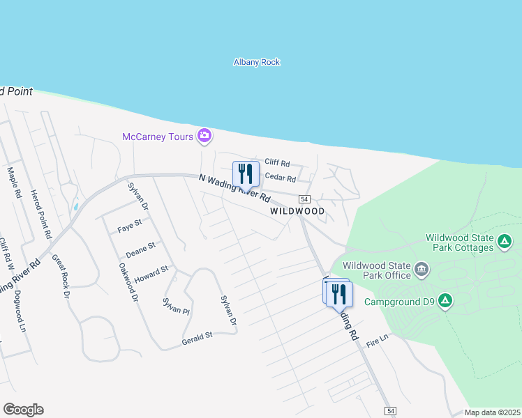 map of restaurants, bars, coffee shops, grocery stores, and more near 2945 North Wading River Road in Wading River