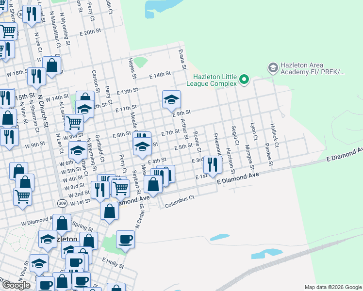 map of restaurants, bars, coffee shops, grocery stores, and more near 400-420 East 6th Street in Hazleton
