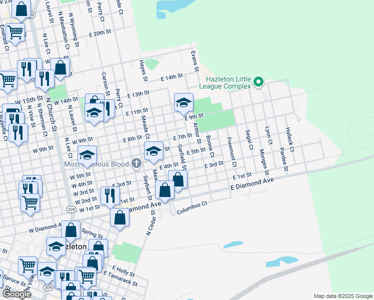 map of restaurants, bars, coffee shops, grocery stores, and more near 605 Garfield Street in Hazleton