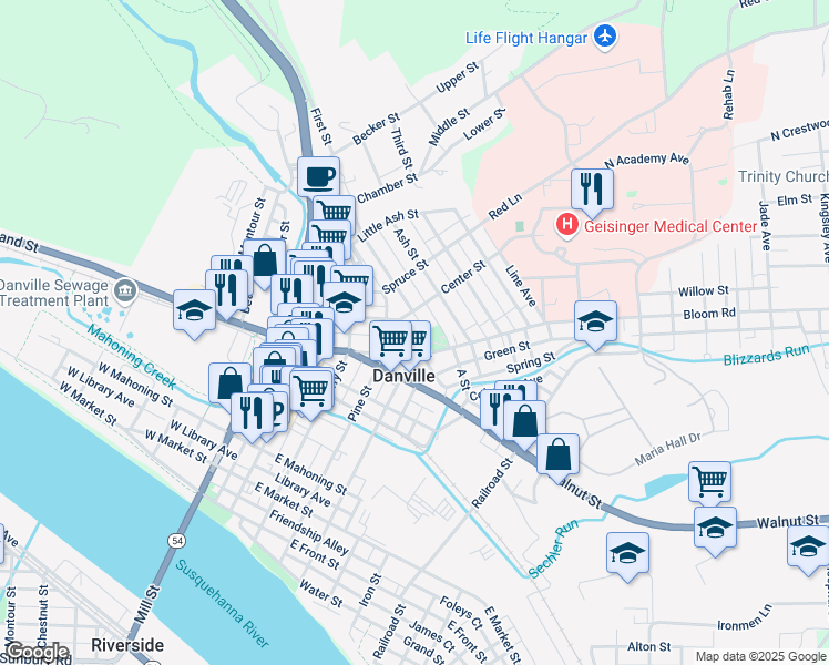 map of restaurants, bars, coffee shops, grocery stores, and more near 1042 Kline Street in Danville