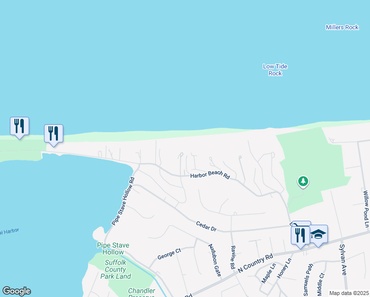 map of restaurants, bars, coffee shops, grocery stores, and more near 57 Harbor Beach Road in Miller Place