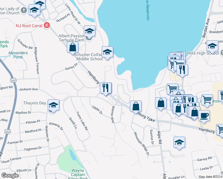 map of restaurants, bars, coffee shops, grocery stores, and more near 1440 Hamburg Turnpike in Wayne