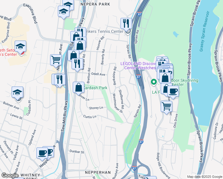 map of restaurants, bars, coffee shops, grocery stores, and more near 120 Westminster Drive in Yonkers
