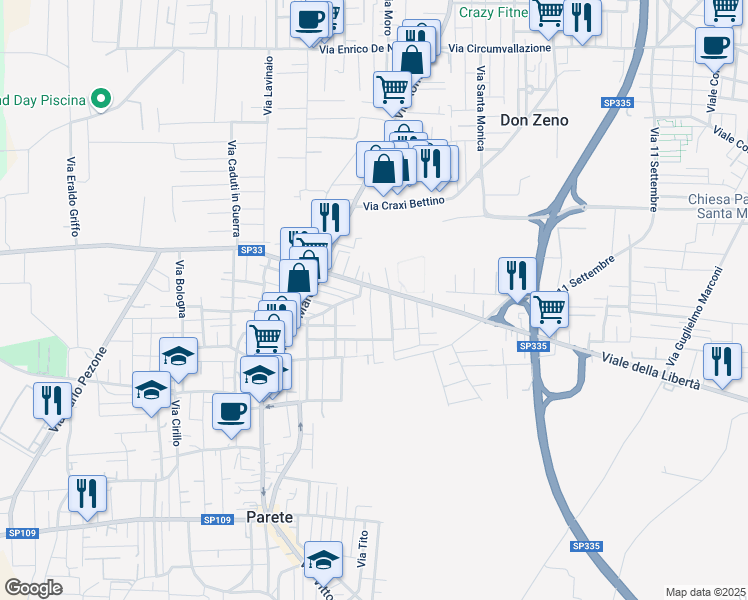 map of restaurants, bars, coffee shops, grocery stores, and more near 7 Viale della Libertà in Parete
