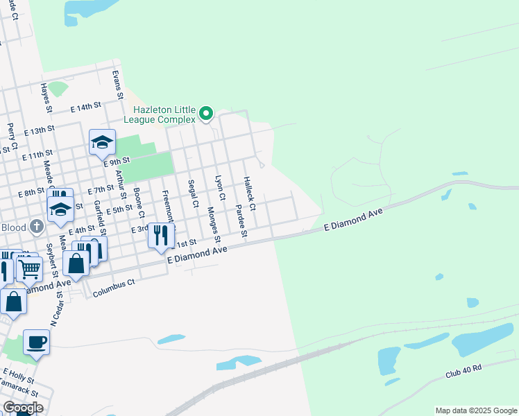 map of restaurants, bars, coffee shops, grocery stores, and more near Thompson Street in Hazleton