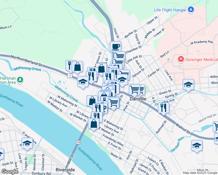 map of restaurants, bars, coffee shops, grocery stores, and more near 5 Northumberland Street in Danville