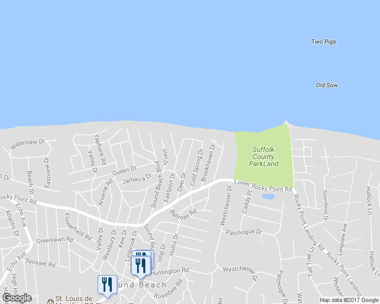 map of restaurants, bars, coffee shops, grocery stores, and more near 51 Deer Drive in Sound Beach
